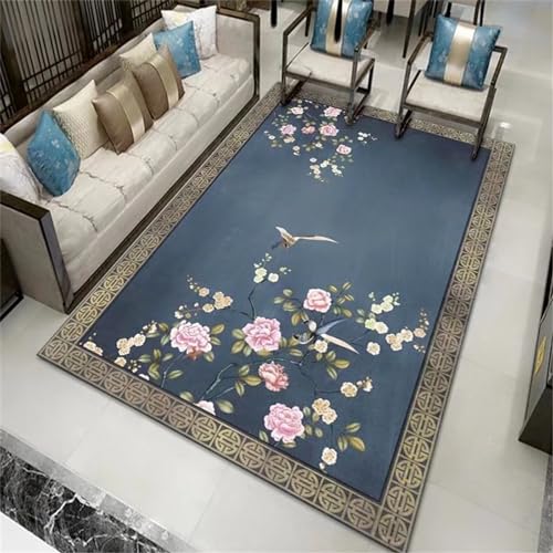 Xiaosua Teppich Aesthetic Teppich Wohnzimmer Blaue Pflanze Florales Retro-Muster Rutschstopp Teppich 40X60CM Bettumrandung Teppich Blau von Xiaosua