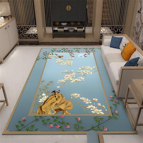 Xiaosua Teppich Für Balkon Wasserfest Blau Teppich Wohnzimmer Blaue Pflanze Florales Retro-Muster Teppich rutschfest Waschbar Boden Teppich 40X60CM Teppich Wohnzimmer Rund von Xiaosua