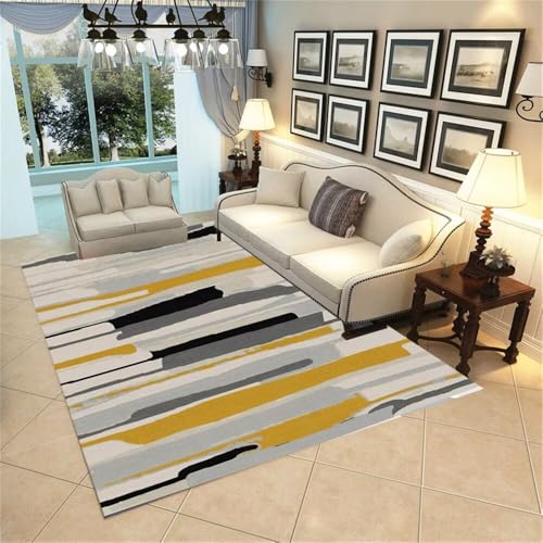 Xiaosua Teppich Günstig170x240CM Kinderzimmer Kinderteppich Waschbar Grauer moderner gestreifter Gelb babyzimmer Wohnzimmer Muster mädchen von Xiaosua