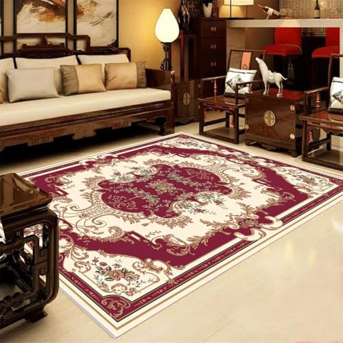 Xiaosua Teppich Kind Teppiche Waschbar 140x200CM Baby Zimmer deko rot Beiger Vintage-Blumenteppich schreibtischstuhl unterlage Kurzflor von Xiaosua