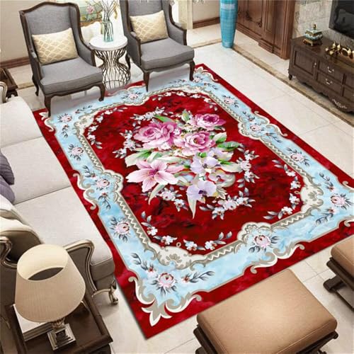 Xiaosua Teppich Kurzflor180x250CM Kinderteppich Waschbar Kinder Blaugrauer Blumenteppich rot rutschfest Outdoorteppiche Wohnzimmer weich von Xiaosua