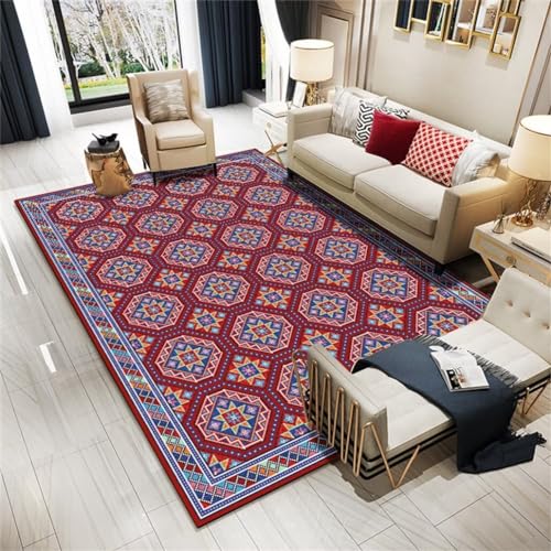 Xiaosua Teppich Kurzflor200x250CM Küchenteppiche Teppich mädchenzimmer Staubdichte Bodenmatte für das Wohnzimmer im Retro-Stil mit geometrischem Muster Rot von Xiaosua