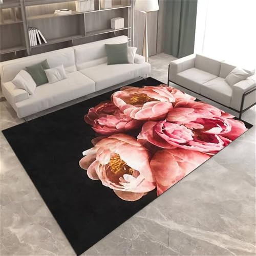 Xiaosua Teppiche Wohnzimmer100x200CM Minimalistisches Design waschbarer Teppich kinderzimmer Roter rosa Blumenteppich schwarz Terassenteppich weich Carpet Living Room von Xiaosua