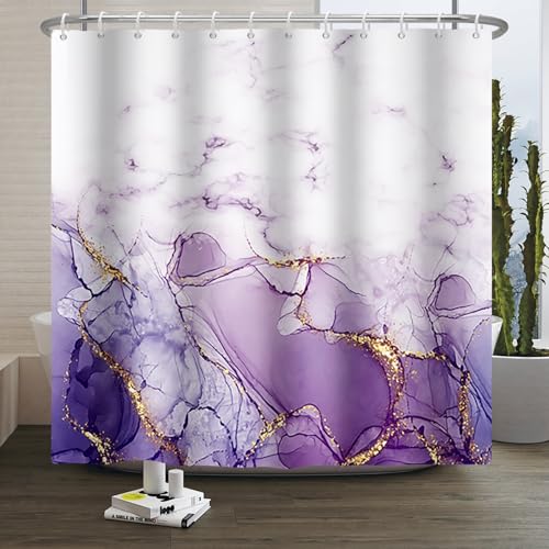 Xiaoterna 180x220cm Marmor Duschvorhang Weiß und Lila Gold Dots Wasserdicht Polyester Badezimmer Vorhang Luxus Modern Ästhetisch Künstlerisch Waschbar Schimmelresistent Badezimmer Dekorativ Stoff von Xiaoterna