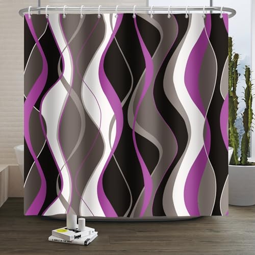 Xiaoterna 180x220cm Moderner Abstrakter Wellenstreifen Duschvorhang Grau Schwarz Weiß Lila Linien Wasserfester Badezimmervorhang Geometrie Ästhetik Schimmelresistent Badezimmer Dekorativer Stoff von Xiaoterna