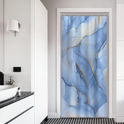 Xiaoterna 90x180cm Marmor Duschvorhang Weiß Grau Blau Golden Punkte Wasserdicht Polyester Badezimmer Vorhang Luxus Modern Ästhetisch Künstlerisch Waschbar Schimmelresistent Dekorativ Stoff von Xiaoterna