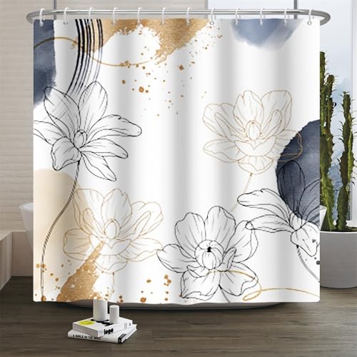 Xiaoterna Abstrakte Blume Duschvorhang Rustikale Aquarell Blumen Badezimmer Vorhang Moderne Einfachheit Kunst Blühende Blumen Goldene Punkte Maschine waschbar Duschvorhang 180x200cm von Xiaoterna