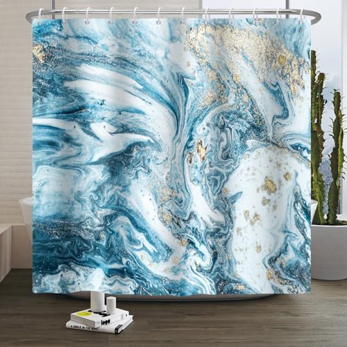 Xiaoterna Blauer Marmor Duschvorhang Modernes prägnantes Design Wasserdichtes Badezimmer Vorhang Abstrakt Zeitgenössisch Ästhetisch Waschbar Schimmelresistent Polyester Stoff Dekoration 105x160cm von Xiaoterna