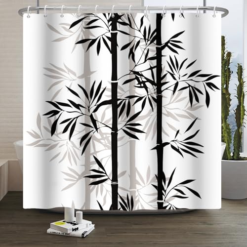Xiaoterna Blumen Pflanze Duschvorhang Asiatisch Chinesisch Bambus Badezimmer Vorhang Orientalische chinesische Tuschemalerei Klassische Kunst Bambus Duschvorhang Waschbar Wasserdicht Stoff 180x180cm von Xiaoterna