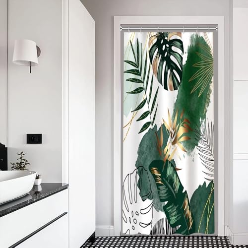 Xiaoterna Boho Kokosnussbäume Duschvorhang Abstrakte Palmenblätter Tropische Monstera Badvorhang Grün Goldene Blätter Botanische Pflanze Duschvorhang schimmelpilzresistenter Stoff 90x180cm von Xiaoterna