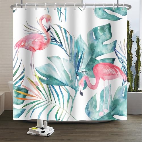 Xiaoterna Flamingo Duschvorhang Aquarell Tropische Grüne Palmenblätter Wasserdichter Badvorhang Moderne Kunst Sommer Wald Szenerie Schimmelresistent waschbar Badezimmer Dekoration 180x180cm Xiaoterna Flamingo Duschvorhang Aquarell Tropische Grüne Palmenblätter Wasserdichter Badvorhang Moderne Kunst Sommer Wald Szenerie Schimmelresistent waschbar Badezimmer Dekoration 180x180cm von Xiaoterna