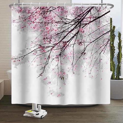 Xiaoterna Frühling Duschvorhang Kirschblüte Duschvorhang Rote Pflaume Geblümt Badezimmer Vorhang Chinesische orientalische Tuschemalerei Duschvorhang Maschinenwaschbar Wasserdichter Stoff 180x200cm von Xiaoterna