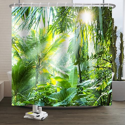 Xiaoterna Frühling Duschvorhang Tropischer Regenwald Üppiges grünes Laub im Dschungel Badvorhang Dschungel Sonnenaufgang Wasserdichter Duschvorhang Maschinenwaschbar Wasserdichter Stoff 180x220cm von Xiaoterna