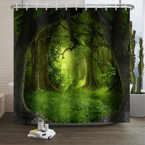 Xiaoterna Frühling Duschvorhang Zauberwald Duschvorhang Mysteriöse Naturlandschaft Badvorhang Fantasie Dschungel Baum Grün Pflanze Duschvorhang Maschinenwaschbar Wasserdichter Stoff 120x200cm von Xiaoterna