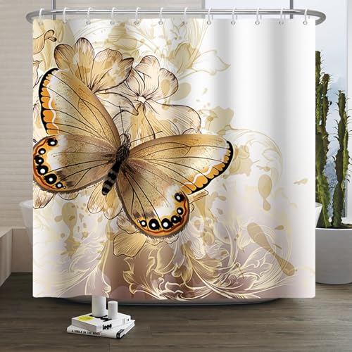 Xiaoterna Gold Duschvorhang 3D Gott Schmetterling Blumen Badezimmer Vorhang Aquarell Schmetterling Gold Blühende Blume Wasserabweisend Stoff Duschvorhang Waschbar Digitaldruck Dekor 105x160cm von Xiaoterna
