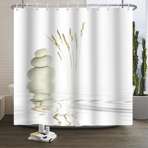 Xiaoterna Heilbad Garten Duschvorhang Wildes Gras Reflexion im Wasser Meditation Bad Vorhang Rustikaler Spa Stein Wasser Weißer Duschvorhang Maschinenwaschbar Wasserdichter Stoff 200x180cm von Xiaoterna