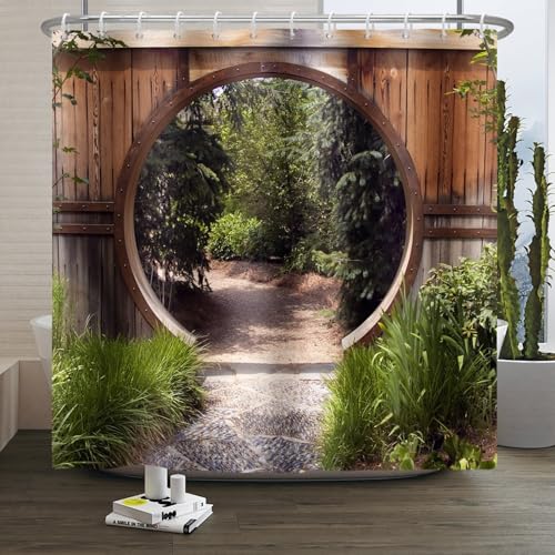 Xiaoterna Japanischer Garten Duschvorhang 3D Frühling Natur Landschaft Bad Vorhang Kreis Rustikale hölzerne Tür Tor Pfad Grüner Baum Schimmelpilzsicher Maschinenwaschbar Duschvorhang 150x200cm von Xiaoterna