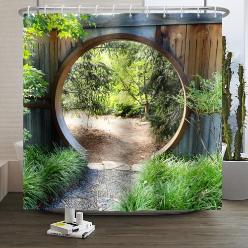 Xiaoterna Japanischer Garten Duschvorhang 3D Frühling Wald Natur Szenerie Badezimmer Vorhang Kreis Rustikales Holztor Grüne Pflanze Sonnenschein Schimmelpilzsicherer Duschvorhang 180x220cm von Xiaoterna