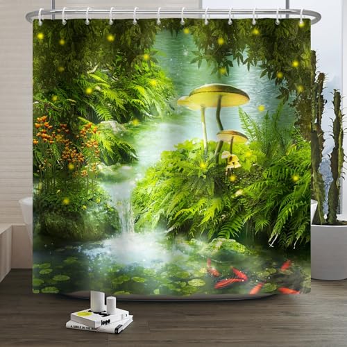 Xiaoterna Märchenhafter Fantastischer Wald Duschvorhang Frühlingsmärchen Verzauberter Wald Grüner Badvorhang Gras Fisch Glühwürmchen Duschvorhang Maschinenwaschbar Wasserdichter Stoff 180x200cm von Xiaoterna