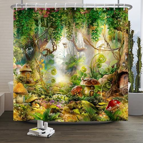 Xiaoterna Märchenwald Duschvorhang Pilz Grüner Baum Gras Badvorhang Frühlingszauber Verzauberter Wald Fantastischer Dschungel Duschvorhang Maschinenwaschbar Wasserdichter Stoff 180x220cm von Xiaoterna