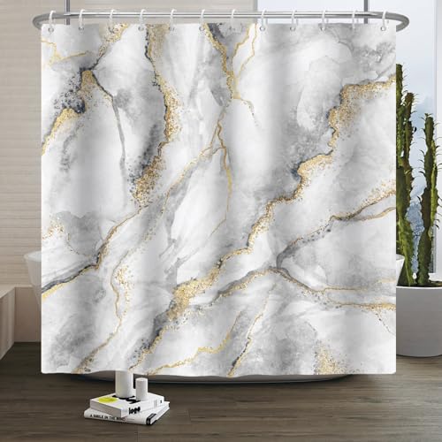 Xiaoterna Marmor Duschvorhang 3D Grau Golden Badezimmer Vorhang Luxuriös Modern Abstrakt Grauer Marmor Goldene Punkte Wasserabweisend Maschinenwaschbare Duschvorhänge für das Badezimmer 120x180cm von Xiaoterna