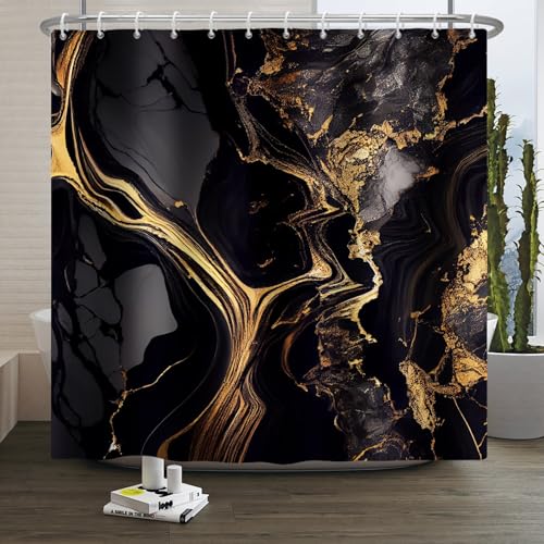 Xiaoterna Marmor Duschvorhang Abstrakt Schwarz Goldener Marmor Badezimmer Vorhang Goldener Puder Glitzernder Moderner Luxuriöser Duschvorhang Maschinenwaschbar Wasserdichter Stoff 150x180cm von Xiaoterna