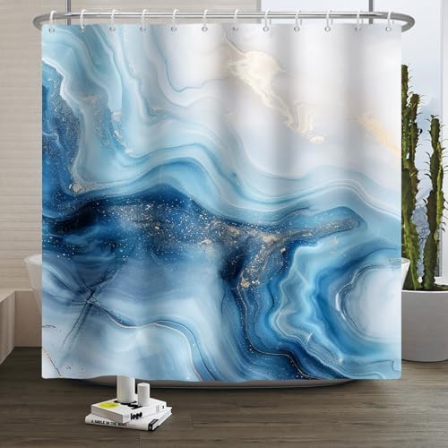 Xiaoterna Marmor Duschvorhang Blauer Marmor Duschvorhang Moderne Abstrakt Blau Goldener Wasserfester Badvorhang Moderne Kunst Maschinenwaschbar Wasserdichter Stoff 90x180cm von Xiaoterna