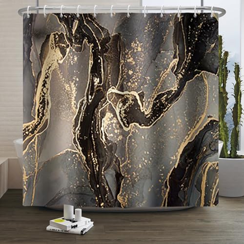 Xiaoterna Marmor Duschvorhang Goldene Spritzer Marmor Badezimmer Vorhang Abstrakt Grau Goldene Schwarzer Duschvorhang Moderner Luxus Duschvorhang Maschinenwaschbar Wasserdichter Stoff 180x220cm von Xiaoterna