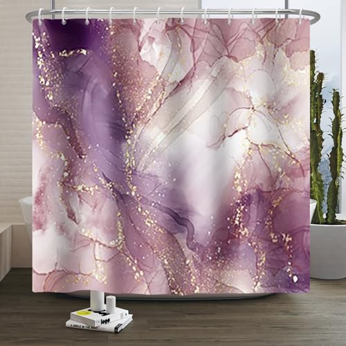 Xiaoterna Marmor Duschvorhang Lila Goldspritzer Textil Badezimmer Vorhang Gemischt Lila Weiß Goldene Spritzer Bunter Marmor Duschvorhang Maschinenwaschbar Wasserdichter Stoff 180x180cm von Xiaoterna