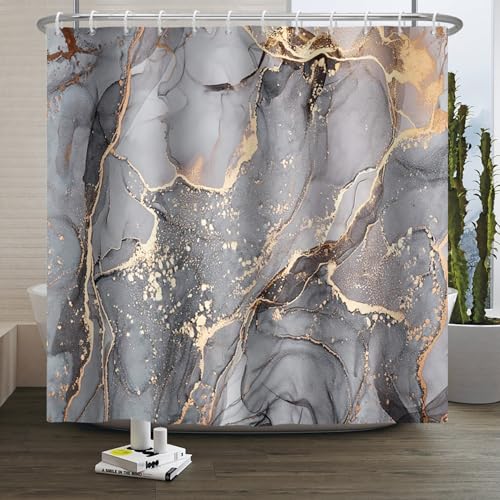 Xiaoterna Marmor Duschvorhang Moderne Abstrakt Grau Golde Marmor Badezimmer Vorhang Grau Goldene Spritzer Textil Wasserdichter Duschvorhang Maschinenwaschbar Wasserdichter Stoff 180x200cm von Xiaoterna