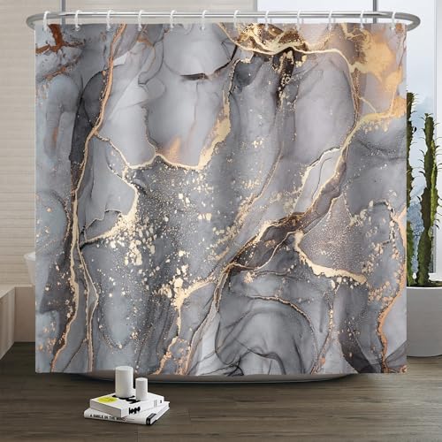 Xiaoterna Marmor Duschvorhang Moderne Abstrakt Grau Golde Marmor Badezimmer Vorhang Grau Goldene Spritzer Textil Wasserdichter Duschvorhang Maschinenwaschbar Wasserdichter Stoff 200x180cm von Xiaoterna