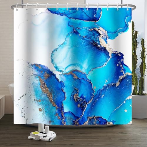 Xiaoterna Marmor Duschvorhang Moderner Luxus Blau Farbverlauf Marmor Wasserdichter Badezimmervorhang Abstrakte Kunst Vergoldete Wellenstruktur Waschbar Schimmelresistenter Stoff 220x180cm von Xiaoterna