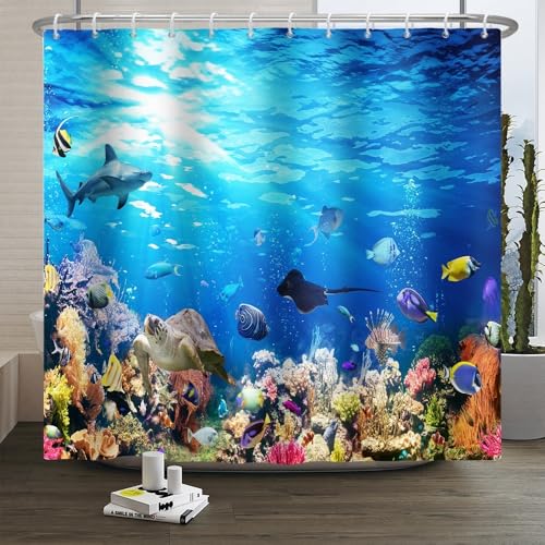 Xiaoterna Meeresleben Duschvorhang 3D Unter dem Meer Meerestiere Badvorhang Ozean Unterwasser Fisch Delfin Schildkröte Hai Waschbar Duschvorhang Schimmel und schimmelpilzbeständiger Stoff 200x180cm Xiaoterna Meeresleben Duschvorhang 3D Unter dem Meer Meerestiere Badvorhang Ozean Unterwasser Fisch Delfin Schildkröte Hai Waschbar Duschvorhang Schimmel und schimmelpilzbeständiger Stoff 200x180cm von Xiaoterna