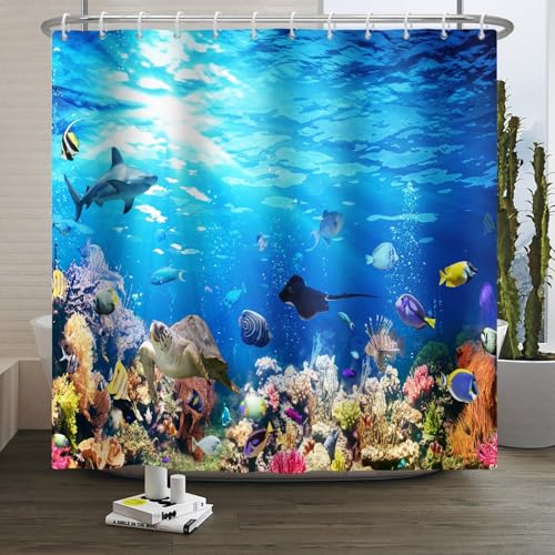 Xiaoterna Meeresleben Duschvorhang 3D Unter dem Meer Meerestiere Badvorhang Ozean Unterwasser Fisch Delfin Schildkröte Hai Waschbar Duschvorhang Schimmel und schimmelpilzbeständiger Stoff 240x180cm von Xiaoterna