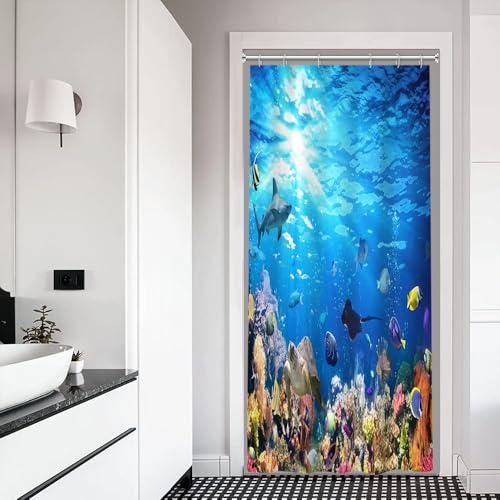 Xiaoterna Meeresleben Duschvorhang 3D Unter dem Meer Meerestiere Badvorhang Ozean Unterwasser Fisch Delfin Schildkröte Hai Waschbar Duschvorhang Schimmel und schimmelpilzbeständiger Stoff 90x180cm von Xiaoterna