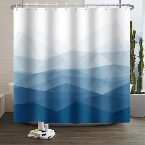 Xiaoterna Moderner prägnanter Blauer Duschvorhang Abstrakte Zeitgenössische Ästhetik Wasserdichter Badvorhang 3D Schatten Weiß Geometrische Linien Waschbar Schimmelresistent Baddekoration 180x220cm von Xiaoterna