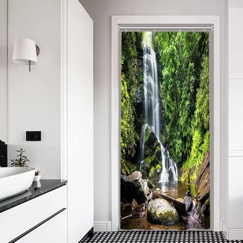 Xiaoterna Natur Duschvorhang Frühling Wasserfall Bad Vorhang Tropischer Dschungel Grüne Waldlandschaft Moos Stone River Waschbarer Duschvorhang Wasserdicht Badezimmer Dekoration 90x180cm von Xiaoterna