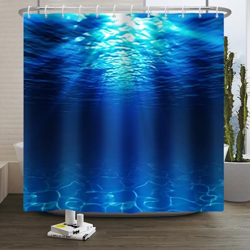 Xiaoterna Ozean Duschvorhang Wasser Duschvorhang Sommerurlaub am Strand Schwimmbad Meer Duschvorhang Tiefes Meer Blauer Ozean Szenerie Duschvorhang Maschinenwaschbar Wasserdichter Stoff 180x220cm von Xiaoterna