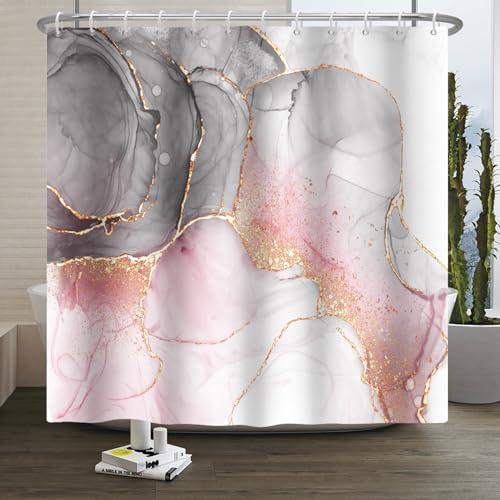 Xiaoterna Rosa Grau Marmor Duschvorhang Gold Puder Wasserdichter Badvorhang Luxus Abstrakt Bunt Rosa Golden Dots Maschinenwaschbar Marmor Duschvorhang Schimmelresistenter Stoff 180x200cm von Xiaoterna