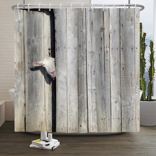 Xiaoterna Rustikaler Duschvorhang Bauernhof Tier Bad Vorhang Rustikale Holztür Niedliches Schaf in rustikalem Holzhaus Bauernhof Wasserdicht Schimmelresistenter Badewannenvorhang 240x180cm von Xiaoterna
