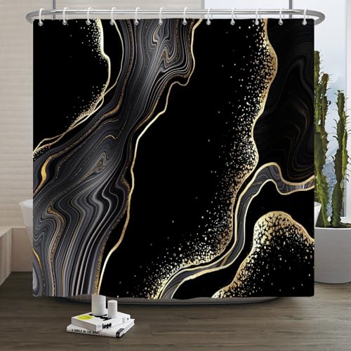 Xiaoterna Schwarzer Marmor Duschvorhang Gold Puder Wasserdichter Badvorhang Luxus Abstrakt Schwarz Goldene Flecken Marmor abwaschbar Duschvorhang Schimmel und Schimmelpilzbeständig Stoff 180x200cm von Xiaoterna