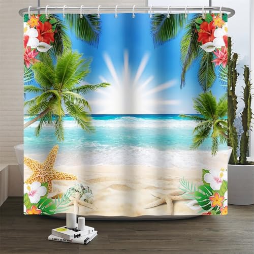 Xiaoterna Sommer Strand Duschvorhang 3D Tropischer Ozean Floral Meeresküste Wasserdichter Badvorhang Palmen Blumen Seesterne Berg Schimmelresistent Waschbar Haus Badezimmer Dekoration 180x200cm Xiaoterna Sommer Strand Duschvorhang 3D Tropischer Ozean Floral Meeresküste Wasserdichter Badvorhang Palmen Blumen Seesterne Berg Schimmelresistent Waschbar Haus Badezimmer Dekoration 180x200cm von Xiaoterna