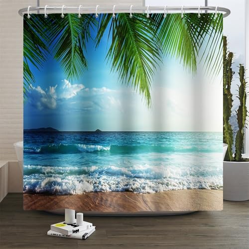 Xiaoterna Sommer Strand Duschvorhang Tropischer Blauer Ozean Sand Wasserdichter Badvorhan Naturkulisse Wellen Grünes Palmblatt Schimmelresistent Waschbar Home Badezimmer Dekoration 180x200cm von Xiaoterna