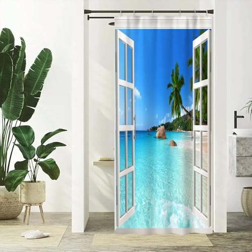 Xiaoterna Sommerstrand Duschvorhang Hawaiianischer Ozean Wasserfester Badvorhang Tropische Meereswellen Weißes Holzfenster Waschbar Schimmelbeständig Baddekoration mit Haken 90x180cm von Xiaoterna