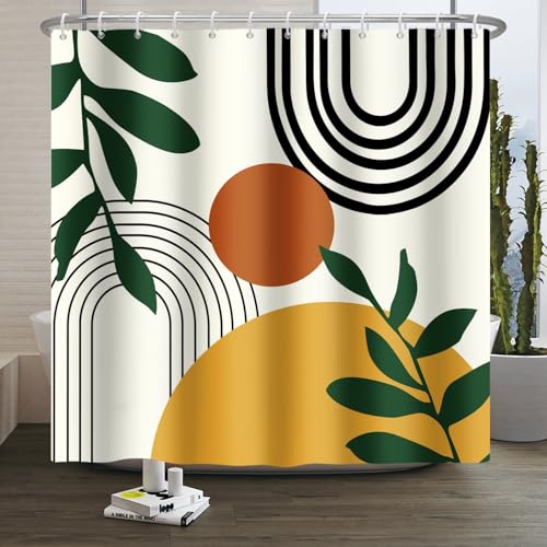 Xiaoterna Sonne Linie Duschvorhang Blätter Sonne Linien Bogen Beige Badvorhang Abstrakter Duschvorhang Schimmel Schimmelresistenter Duschvorhang Maschinenwaschbar Wasserdichter Stoff 180x180cm von Xiaoterna