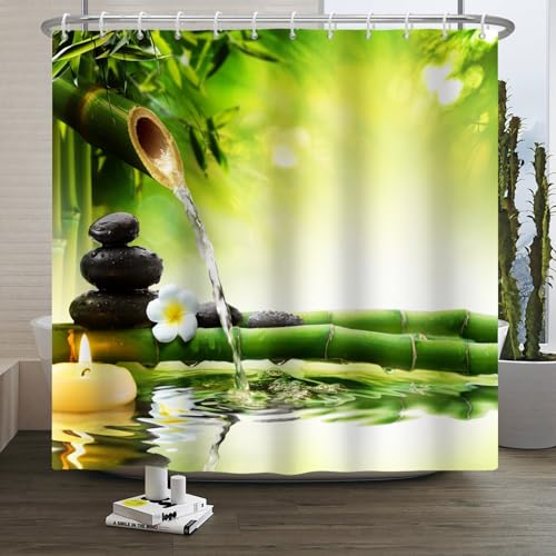 Xiaoterna Spa Duschvorhang 3D Zen Garten Landschaft Badezimmer Vorhang Frühlingsblumen Grüner Bambus Schwarzer Stein Weiße Blume Schimmelpilzsicherer wasserdichter Duschvorhang 120x200cm von Xiaoterna