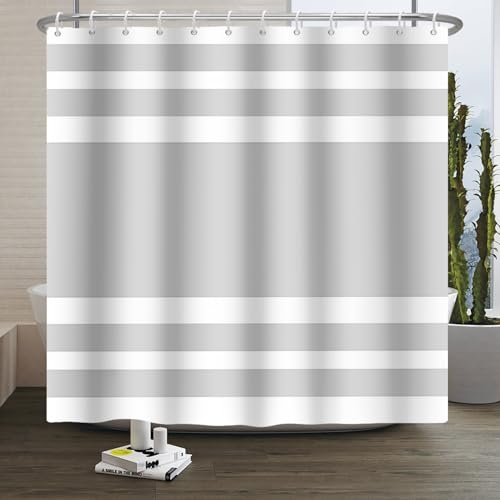 Xiaoterna Streifen Duschvorhang Grau-weiß gestreifter Duschvorhang Symmetrische gerade Linien Einfach einfarbig Schimmelresistenter Badvorhang Maschinenwaschbar Wasserdichter Stoff 180x200cm von Xiaoterna