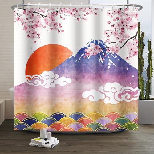 Xiaoterna Traditioneller Duschvorhang mit japanischer Malerei Japanische Kirschblüte Vorhang für das Badezimmer Aquarell Frühling Fuji Berg Kirschblüte Burgund Sonne Wolke Duschvorhang 150x180cm von Xiaoterna