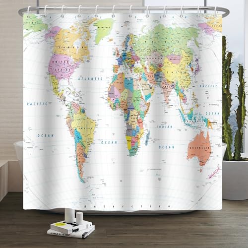 Xiaoterna Weltkarte Duschvorhang Bunte nautische Karte Ozean Badezimmer Vorhang Weißer Küsten Ozean Duschvorhang für Badezimmer Maschine waschbar wasserdichtes Gewebe 150x180cm von Xiaoterna