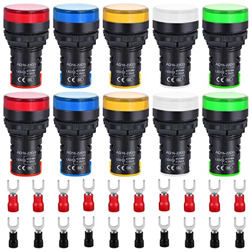 XiatiaoSann 10 Stück 110V-220V 22mm LED Leuchtmelder Signalleuchte Kontrolleuchte 20mA 5 Farbe(Rot/Bule/Grün/Weiß/Gelb) AD16-22DS Signallampen Tafel LED Anzeige für DIY mit 20 Gabelkabelschuhe von Xiatiaosann